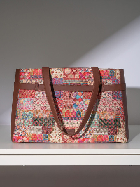 ZOUK Printed Structured Jute Laptop Shoulder Tote Bag - Image 2