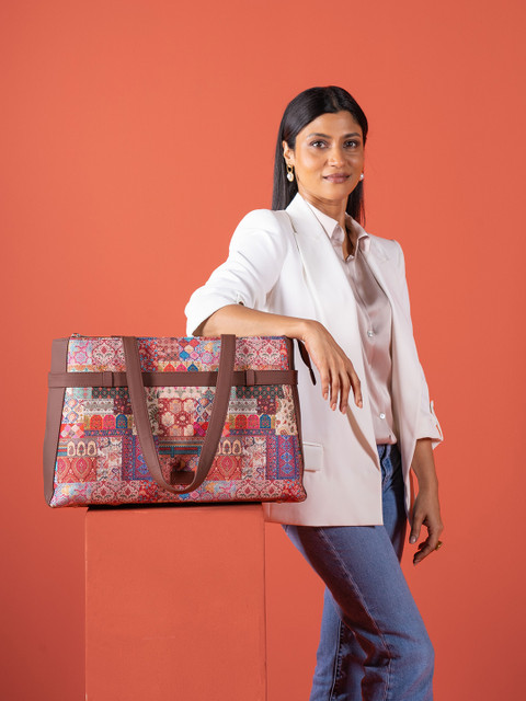 ZOUK Printed Structured Jute Laptop Shoulder Tote Bag