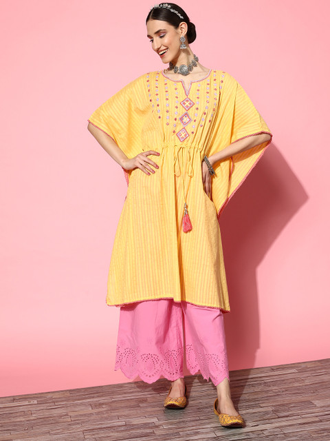 Juniper Women Yoke Design Flared Sleeves Dobby Mirror Work Kaftan Kurta - Image 4