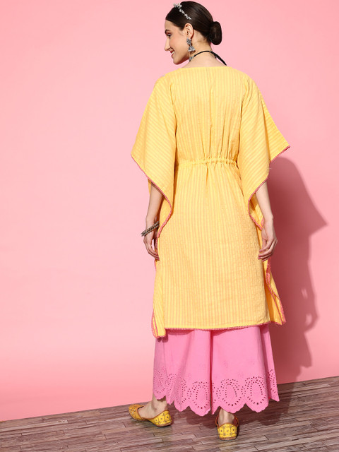 Juniper Women Yoke Design Flared Sleeves Dobby Mirror Work Kaftan Kurta - Image 5