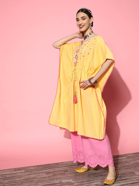 Juniper Women Yoke Design Flared Sleeves Dobby Mirror Work Kaftan Kurta - Image 2
