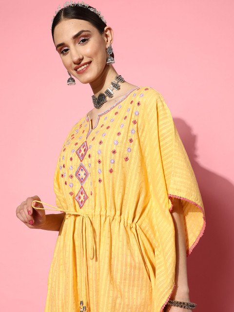 Juniper Women Yoke Design Flared Sleeves Dobby Mirror Work Kaftan Kurta - Image 3