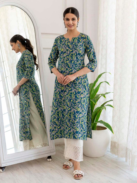 Nayo Ethnic Motifs Printed Notched Neck Cotton Straight Kurta