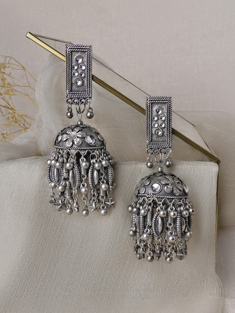 TEEJH Silver-Plated Contemporary Jhumkas Earrings