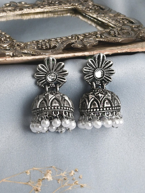 TEEJH Silver-Plated Contemporary Jhumkas Earrings