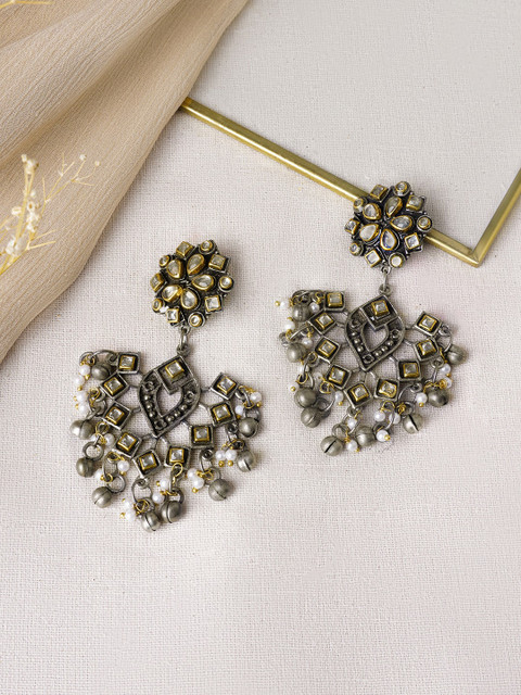 TEEJH Silver-Plated Oxidised Contemporary Drop Earrings