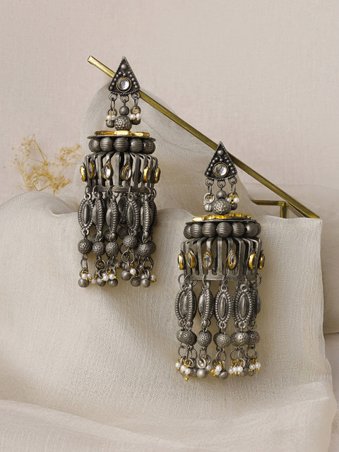 TEEJH Silver-Plated Oxidised Jhumkas Earrings