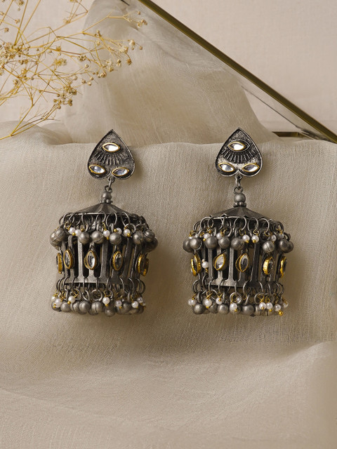 TEEJH Malvika Silver-Plated Oxidised Jhumkas Earrings