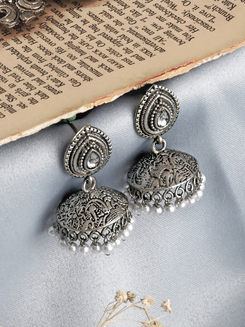 TEEJH Ashriya Silver-Plated Oxidised Dome Shaped Jhumkas Earrings