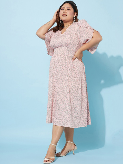Athena Ample Plus Size Floral Printed Flared Sleeve Midi A-Line Dress - Image 3