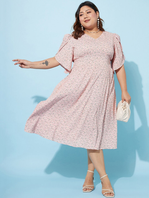 Athena Ample Plus Size Floral Printed Flared Sleeve Midi A-Line Dress - Image 5