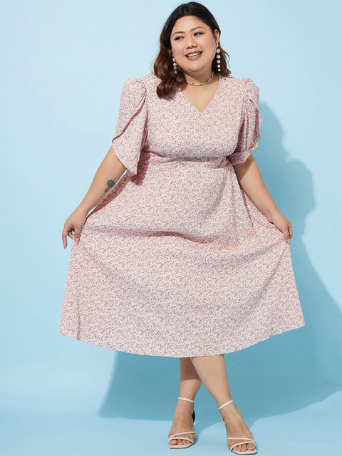 Athena Ample Plus Size Floral Printed Flared Sleeve Midi A-Line Dress
