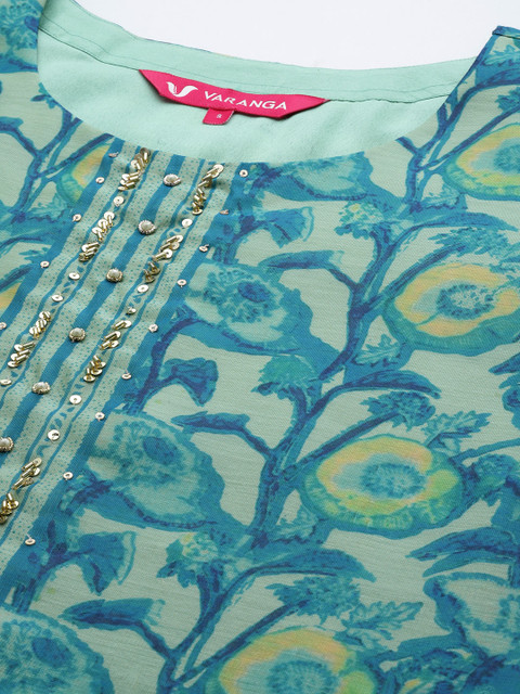Varanga Sea Green Floral Printed Hand work Kurta with Trousers & Dupatta - Image 2