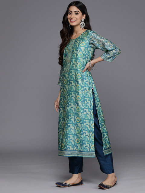 Varanga Sea Green Floral Printed Hand work Kurta with Trousers & Dupatta - Image 6