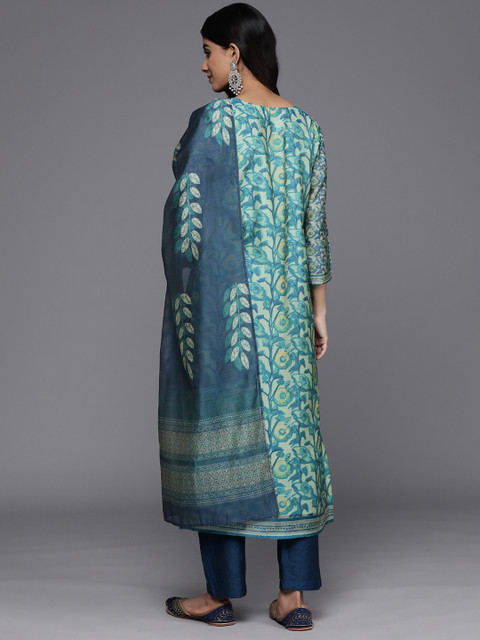 Varanga Sea Green Floral Printed Hand work Kurta with Trousers & Dupatta - Image 7