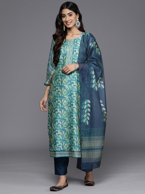 Varanga Sea Green Floral Printed Hand work Kurta with Trousers & Dupatta - Image 5