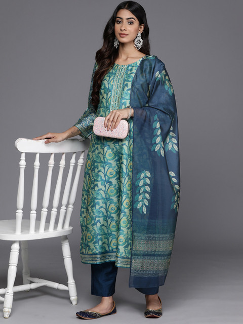 Varanga Sea Green Floral Printed Hand work Kurta with Trousers & Dupatta - Image 8
