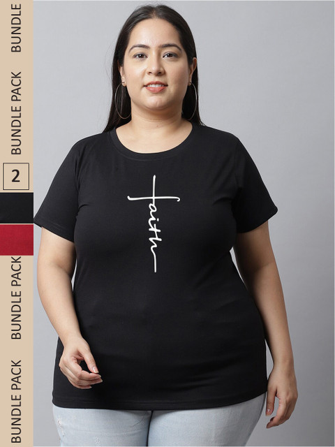 UnaOne Plus Size Pack of 2 Round Neck Cotton Regular Fit T-shirts
