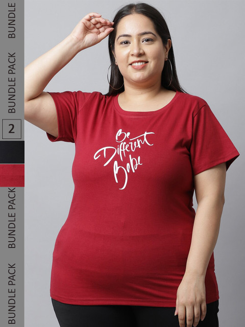 UnaOne Women Plus Size Typography Printed Regular Fit Cotton T-shirt