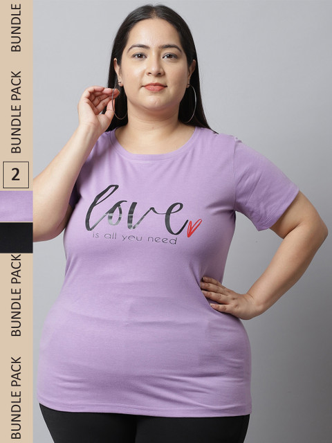 UnaOne Pack Of 2 Plus Size Typography Printed Cotton Regular Fit T-shirt