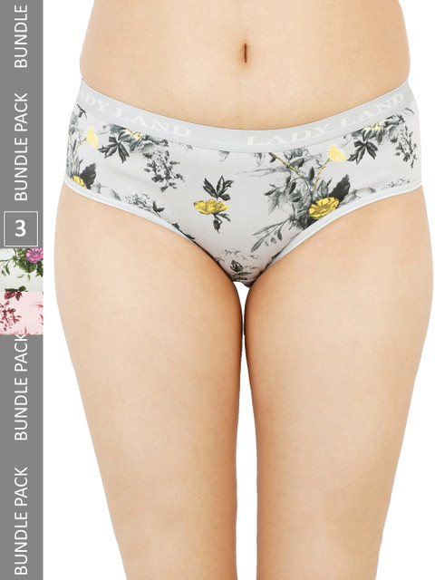 LADYLAND Women Pack Of 3 Assorted Floral Printed Cotton Hipster Briefs