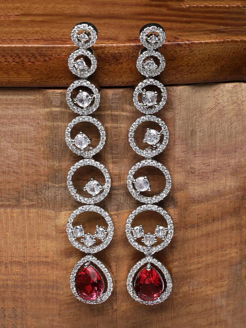 ZENEME Rhodium-Plated American Diamond Studded Circular Shaped Earrings