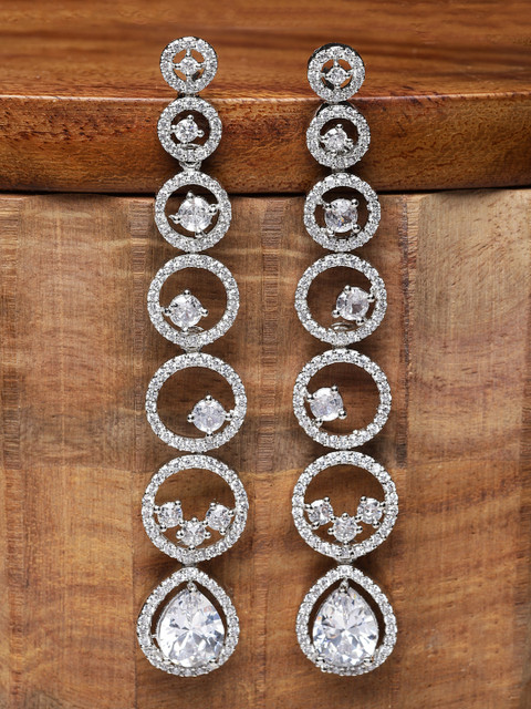 ZENEME Rhodium-Plated American Diamond Studded Circular Shaped Earrings