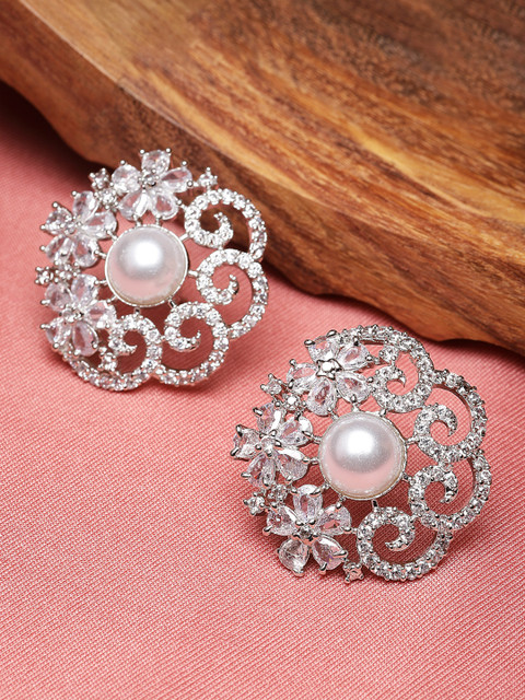 ZENEME Rhodium-Plated Floral Studs Earrings