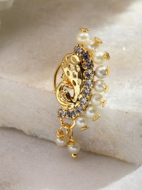 Sanjog Gold-Plated Stone-Studded & Beaded Clip-On Nose Pin