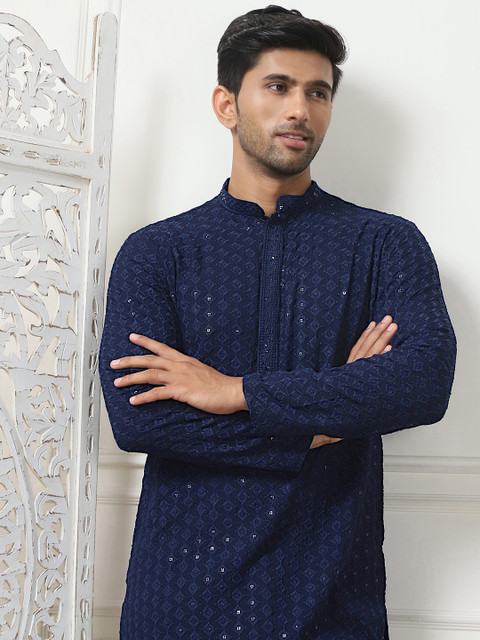 Anouk Navy Blue Floral Embroidered Sequined Band Collar Kurta - Image 6