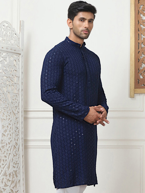 Anouk Navy Blue Floral Embroidered Sequined Band Collar Kurta - Image 3