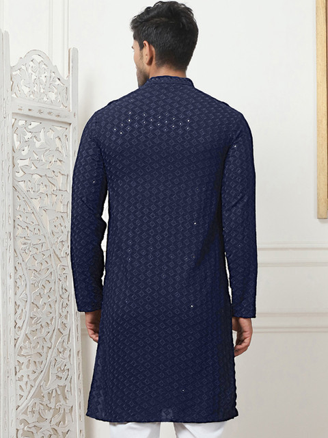 Anouk Navy Blue Floral Embroidered Sequined Band Collar Kurta - Image 5