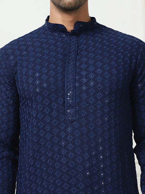 Anouk Navy Blue Floral Embroidered Sequined Band Collar Kurta - Image 2