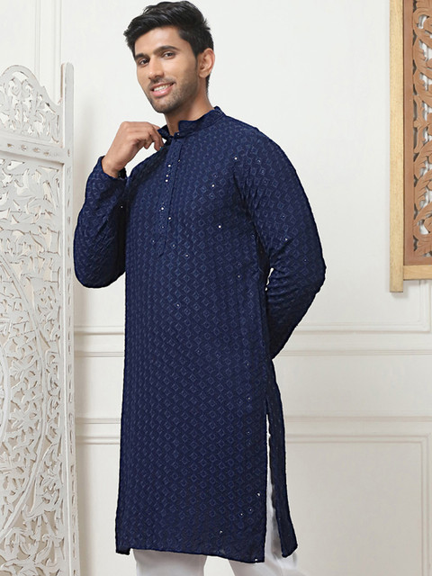 Anouk Navy Blue Floral Embroidered Sequined Band Collar Kurta - Image 4