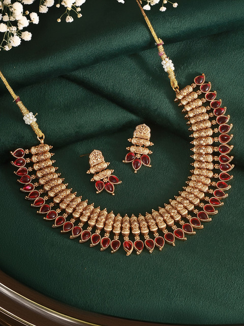 Saraf RS Jewellery Gold-Plated CZ-Studded & Beaded Temple Jewellery Set