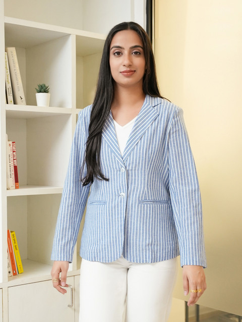 FableStreet Striped Single-Breasted Tailored-Fit Formal Cotton Linen Blazers