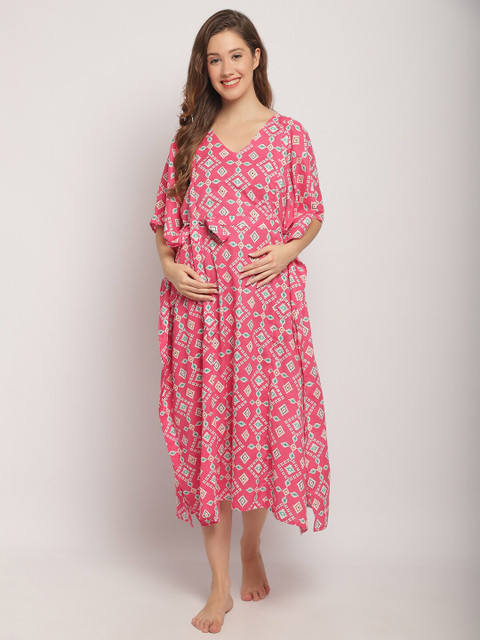 Secret Wish Ethnic Motifs Printed Pure Cotton Maternity Kaftan Nightdress