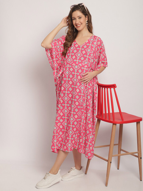 Secret Wish Ethnic Motifs Printed Pure Cotton Maternity Kaftan Nightdress - Image 5