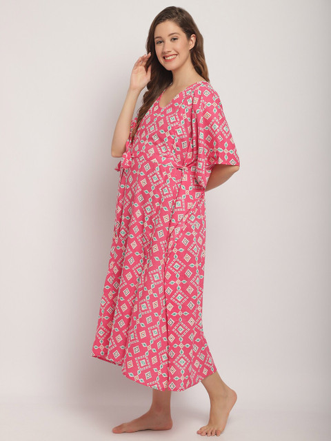 Secret Wish Ethnic Motifs Printed Pure Cotton Maternity Kaftan Nightdress - Image 3