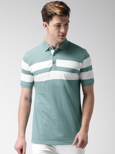 Mast & Harbour Men Teal Striped Polo Collar T-shirt