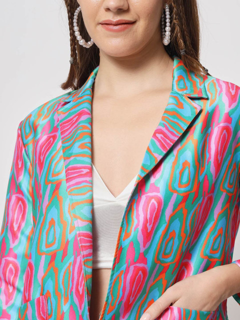 angloindu Abstract Printed Notched Lapel Open Front Blazer - Image 2