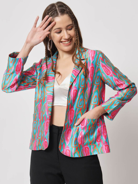 angloindu Abstract Printed Notched Lapel Open Front Blazer