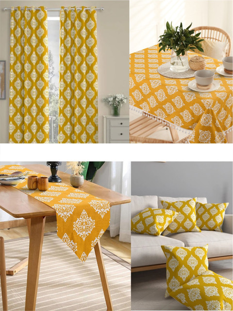 URBAN SPACE Mustard-Yellow & White Ethnic Motif Printed 6-Seater Pure Cotton Table Runners - Image 2
