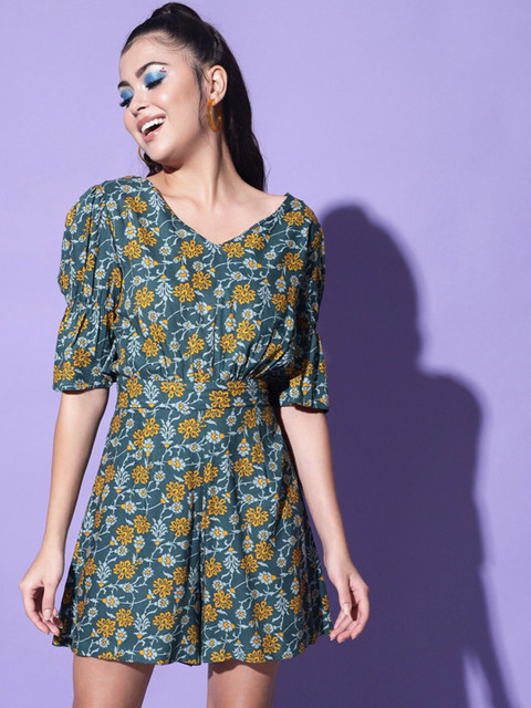 Trend Arrest Floral Printed V-Neck Puff Sleeves Playsuit