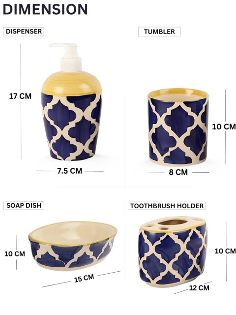 VarEesha Set Of 4 Blue Printed Ceramic Bath Accessories - Image 7