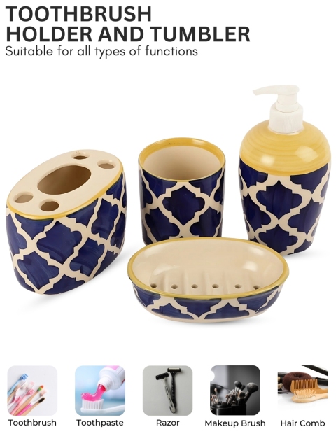 VarEesha Set Of 4 Blue Printed Ceramic Bath Accessories - Image 5