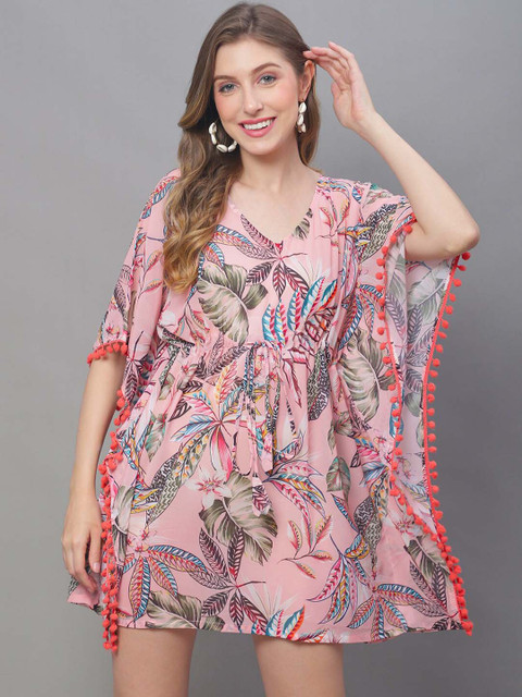 Claura Pink Tropical Printed Swimwear Kaftan Cover Up Dress