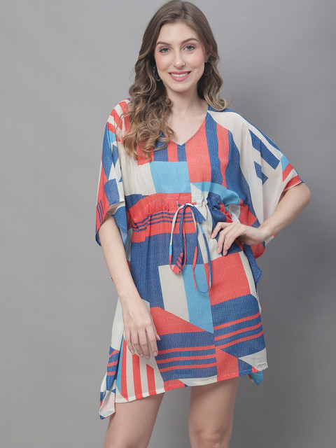 Claura Blue Geometric Printed Swimwear Kaftan Cover Up Dress