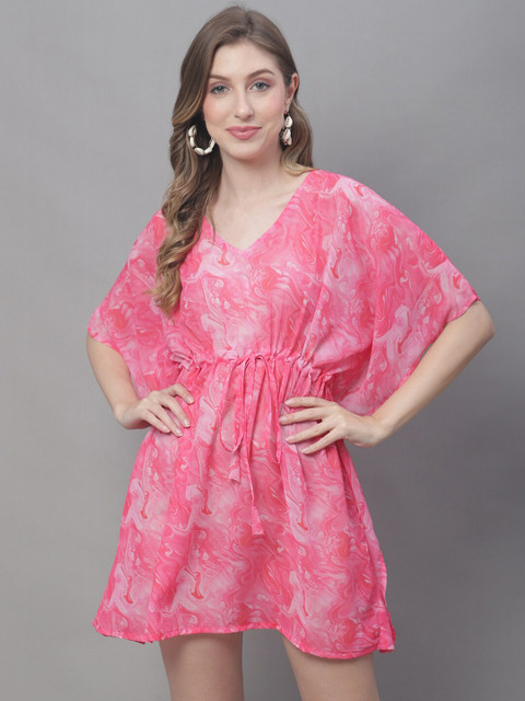 Claura Pink & White Tie and Dye V Neck Swimwear Cover Up kaftan Dress