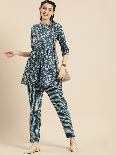 Anouk Blue Floral Printed Mandarin Collar Pure Cotton Tunic with Trousers